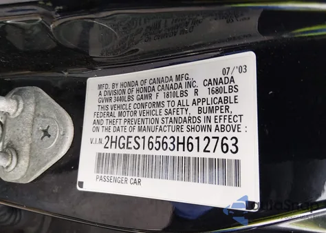 2003 Honda Civic Lx z USA, uszkodzony, nr VIN 2HGES16563H612763